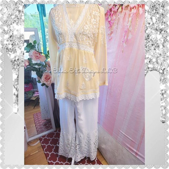 New Boutique Handmade Chikankari Georgette Short Kurti With Sharara Pant - Picture 4 of 11